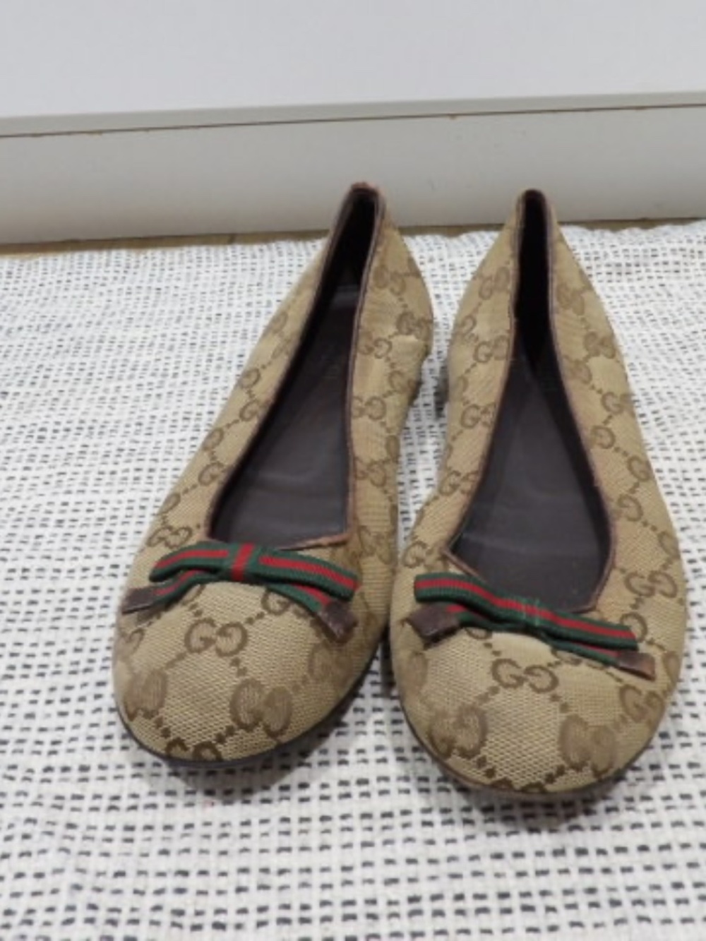 Gucci GG Canvas Ballet Flats | Web Stripe Bow | Size 35.5C | Authentic